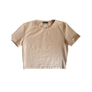 Zara Beige Crop Top Womens Size L Cotton Blend Short Sleeve